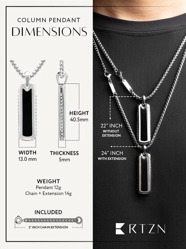Silver black onyx column pendant necklace in 316l stainless steel with sleek rectangular face and adjustable chain extension