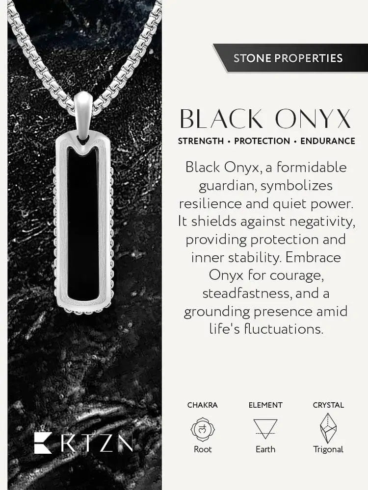 Silver-toned rectangular black onyx column pendant in 316l stainless steel with beaded border and matching chain