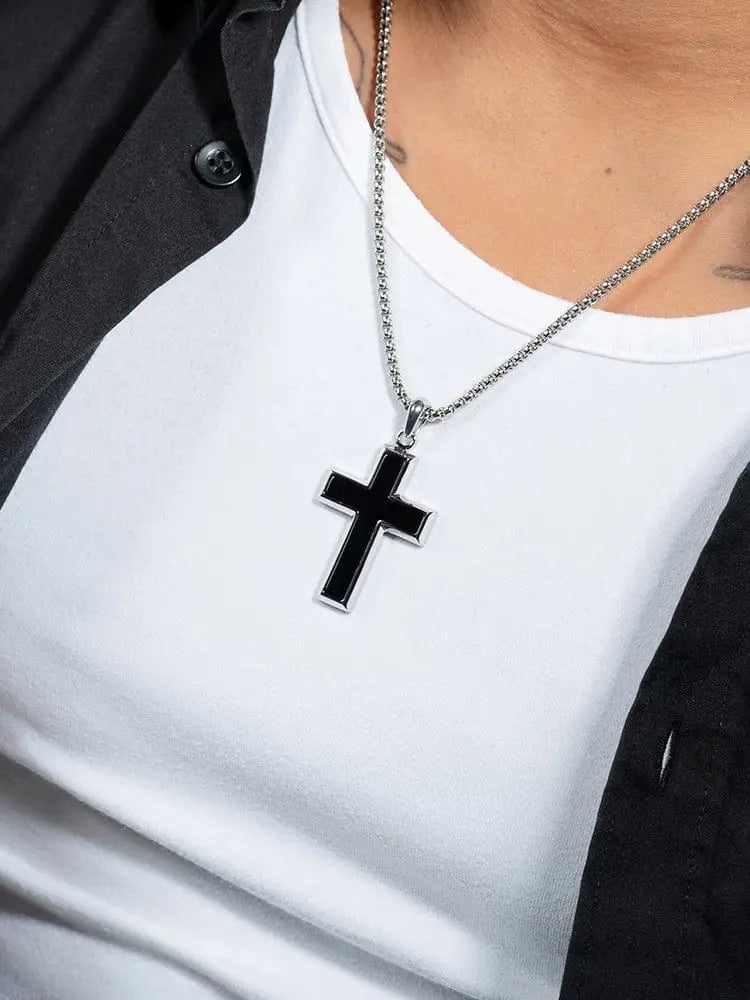 Silver chain necklace with black onyx inlay stainless steel cross pendant shown from the front side