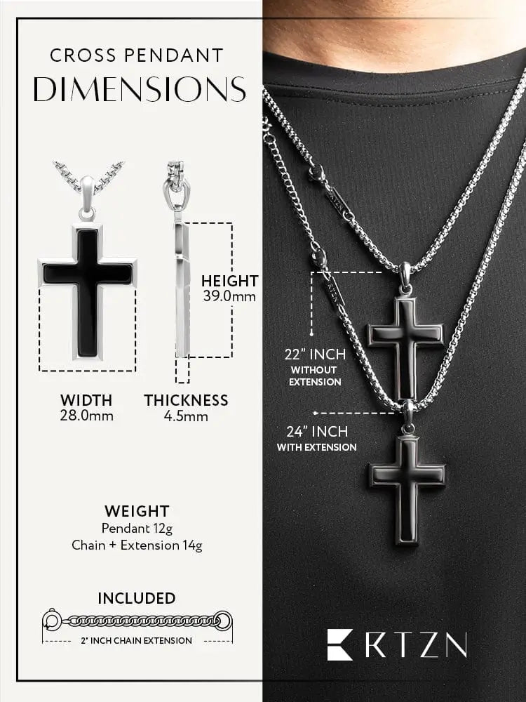 Silver cross pendant with black onyx inlay in stainless steel featuring a sleek modern design for necklace use