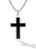 Silver cross pendant necklace with black onyx inlay on matching stainless steel chain for men and women