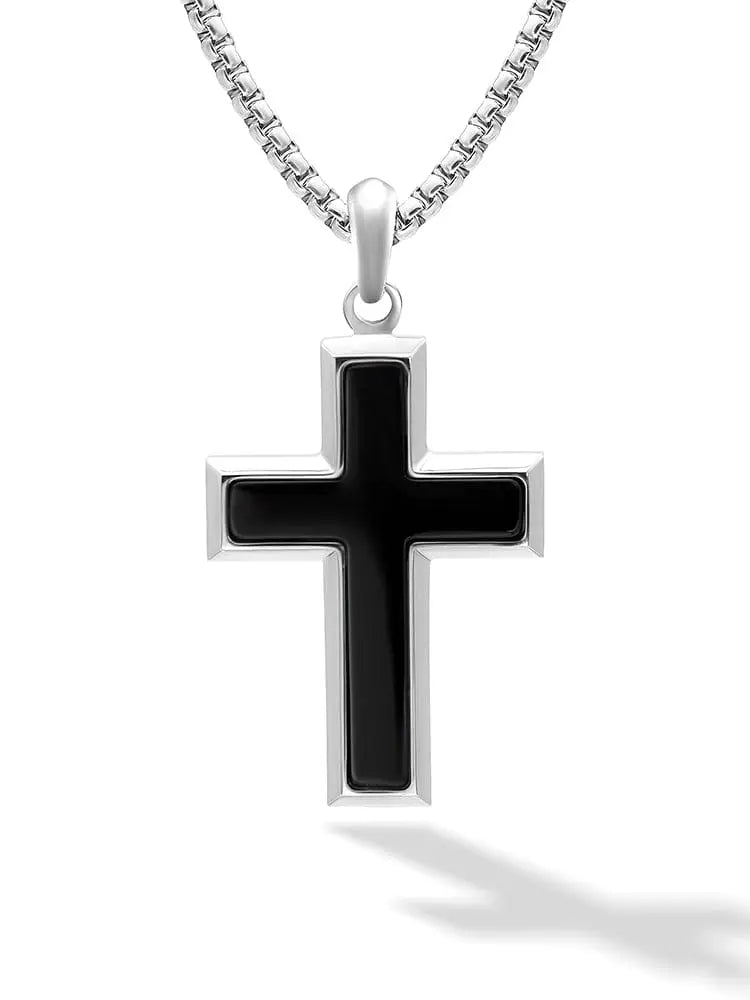 Silver cross pendant necklace with black onyx inlay on matching stainless steel chain for men and women