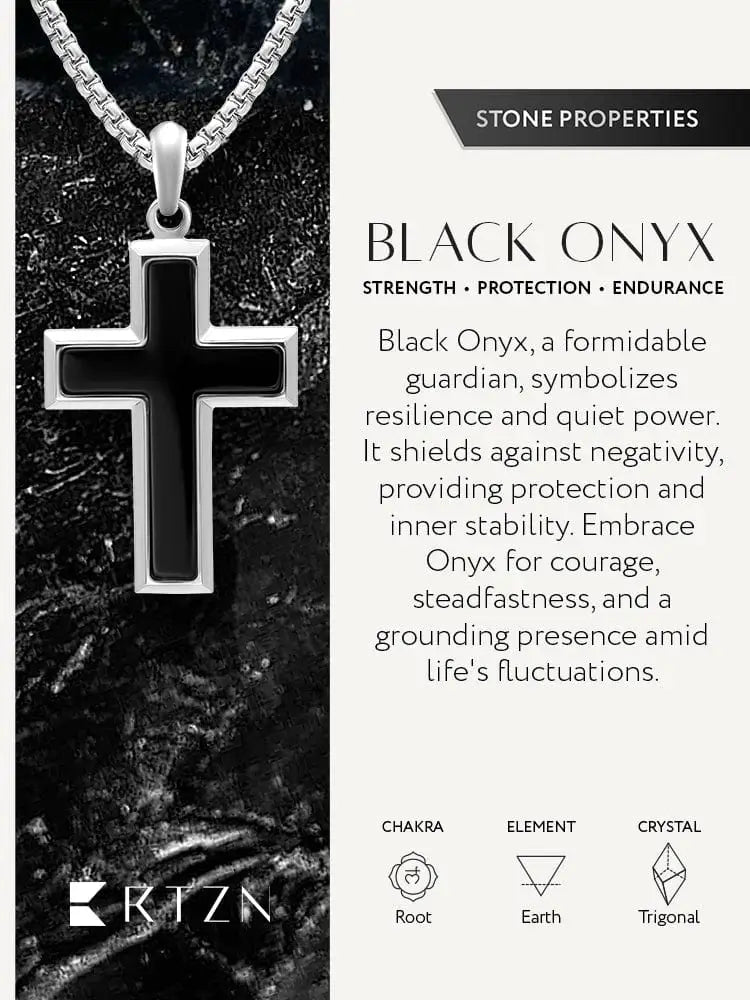 Silver cross pendant necklace with black onyx inlay in stainless steel featuring a sleek modern design