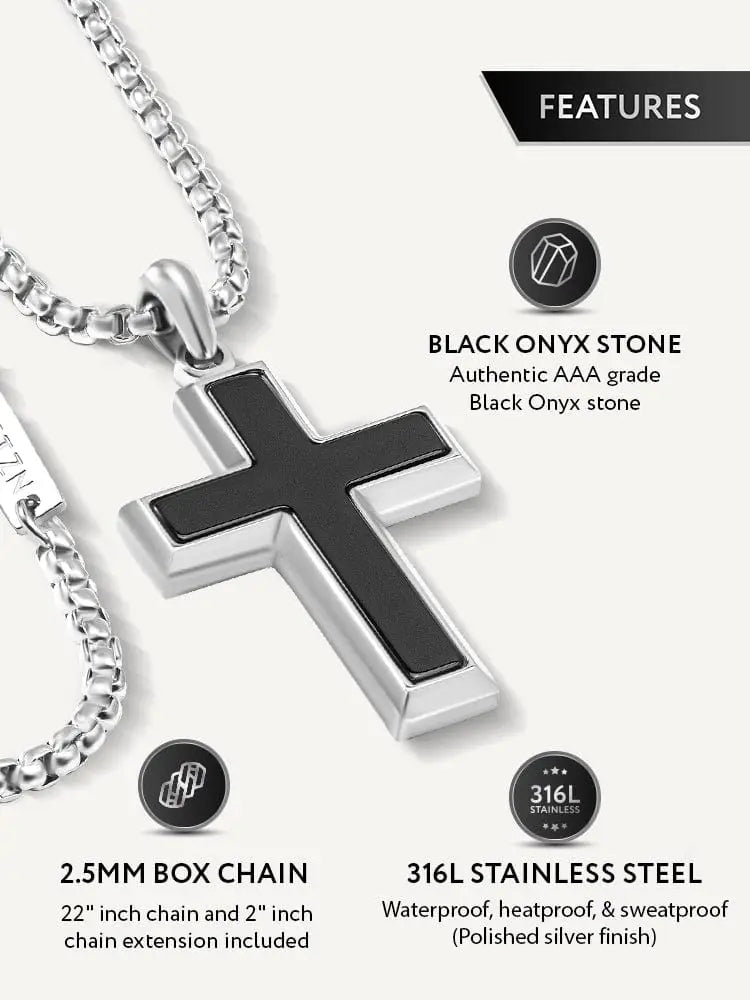 Silver cross pendant with black onyx inlay crafted from durable 316l stainless steel for a stylish necklace