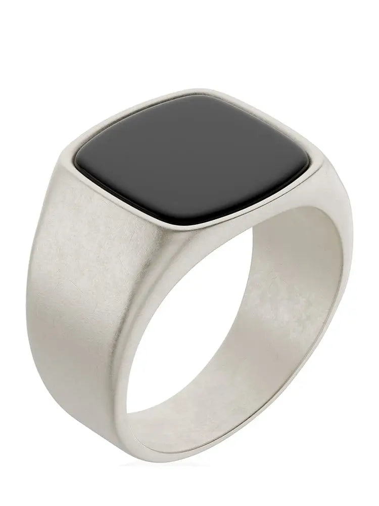 Black onyx cushion signet ring with smooth square black onyx stone set in brushed 316l stainless steel band