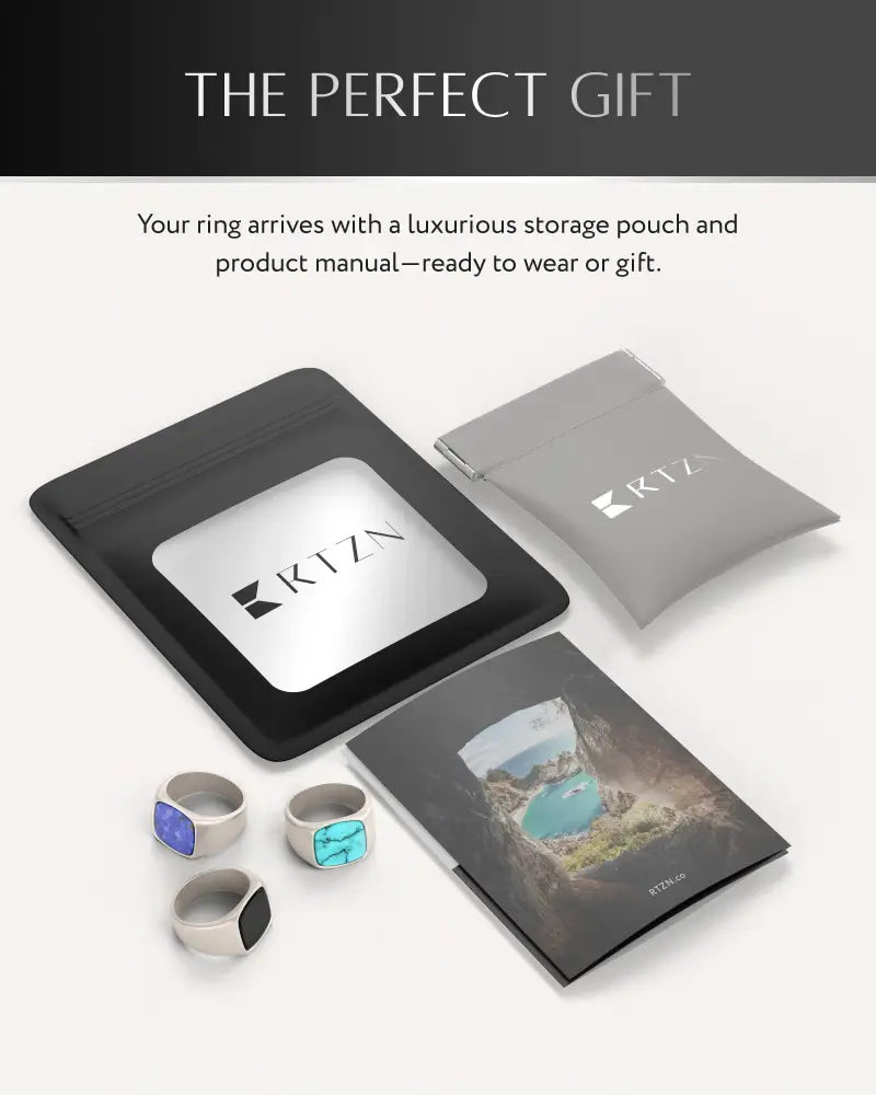 Black onyx cushion signet ring in 316l stainless steel with sleek black and silver ktzn ring storage pouch