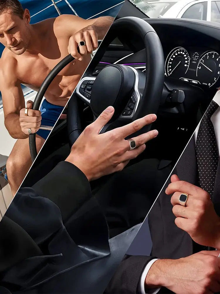 Black onyx cushion signet ring with a black square face and gold tone setting in 316L stainless steel