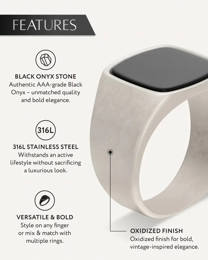 Black onyx cushion signet ring in 316l stainless steel with a rectangular black onyx stone and oxidized finish