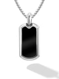 Silver dog tag necklace with smooth black onyx inset pendant on matching stainless steel chain