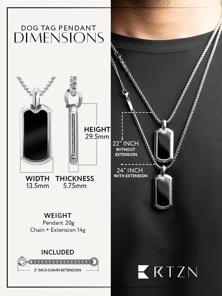 Silver dog tag pendant with black enamel finish and textured grooves in a black onyx inset stainless steel necklace