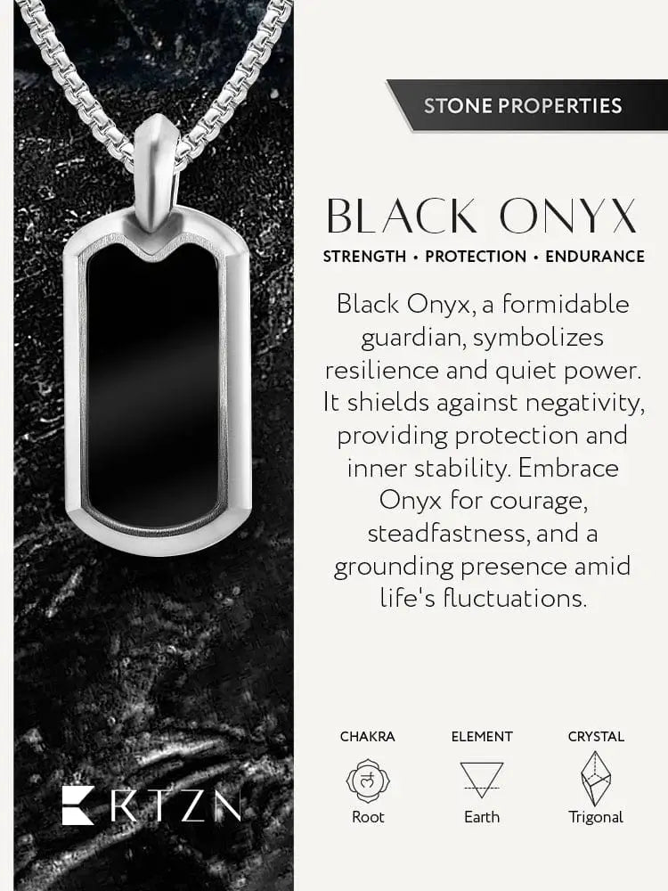 Silver-toned stainless steel dog tag necklace with a polished black onyx stone set in a sleek metal frame