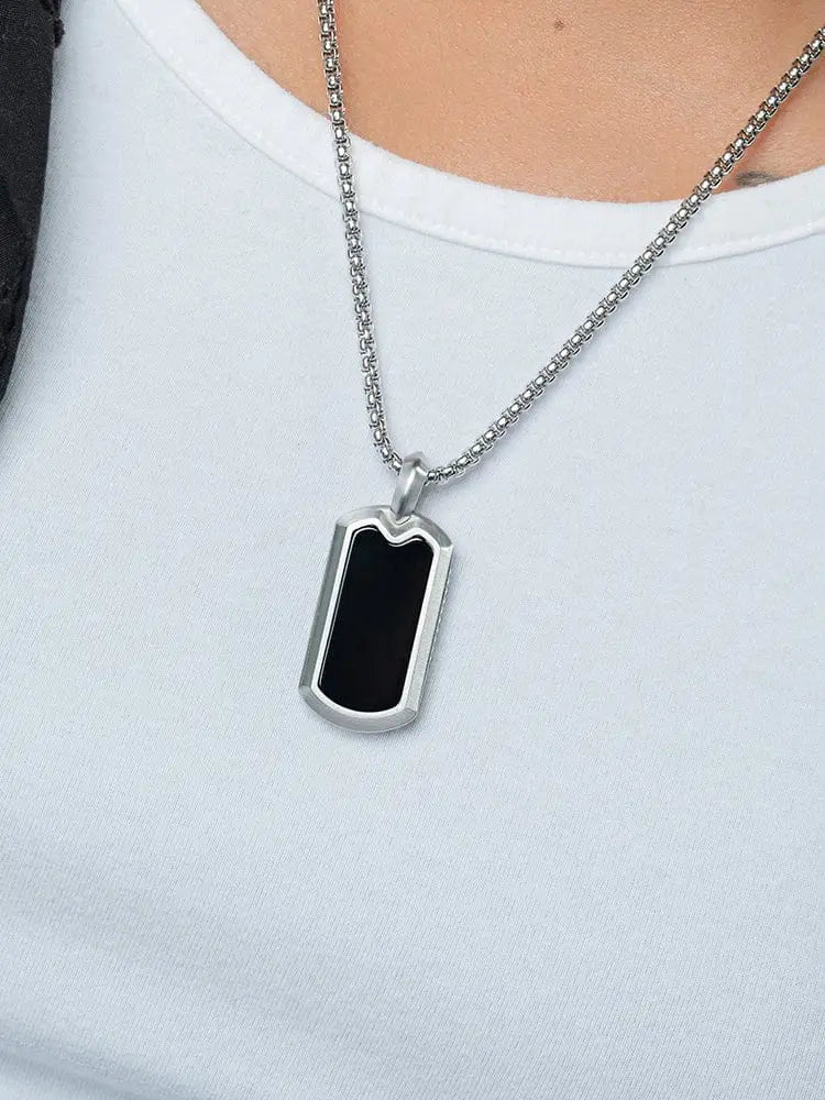 Silver stainless steel dog tag necklace with black onyx inset pendant on matching silver chain