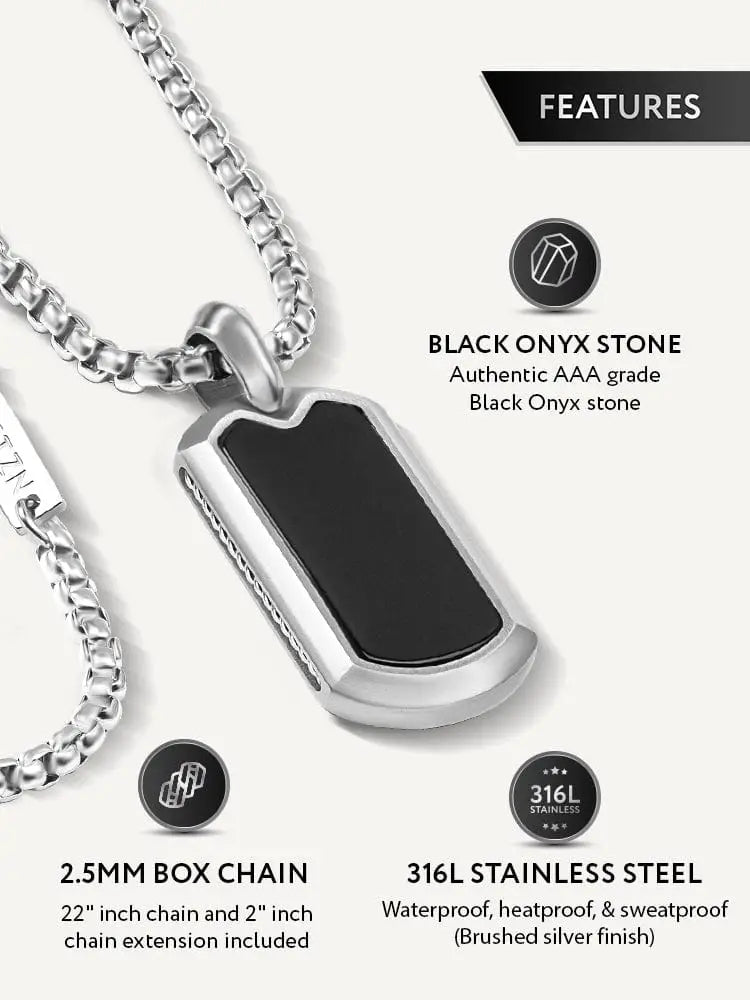Silver dog tag pendant with black onyx inset made of 316l stainless steel in a black onyx inset stainless steel necklace