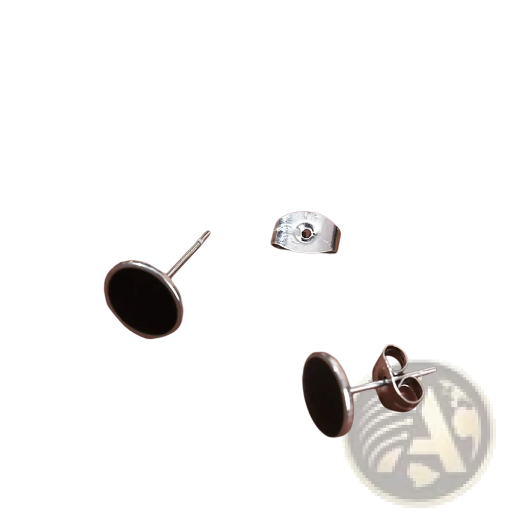 Silver stainless steel black onyx oval stud earring backs with black circular inserts shown from the back side