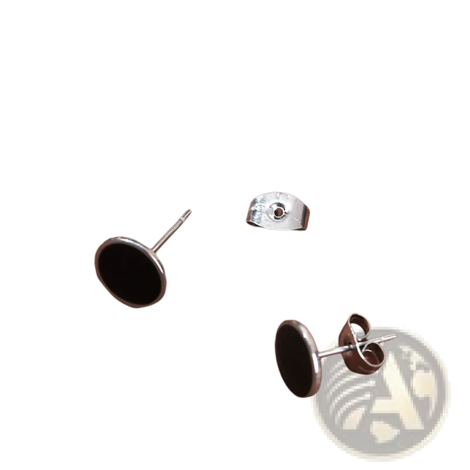 Silver stainless steel black onyx oval stud earring backs with black circular inserts shown from the back side