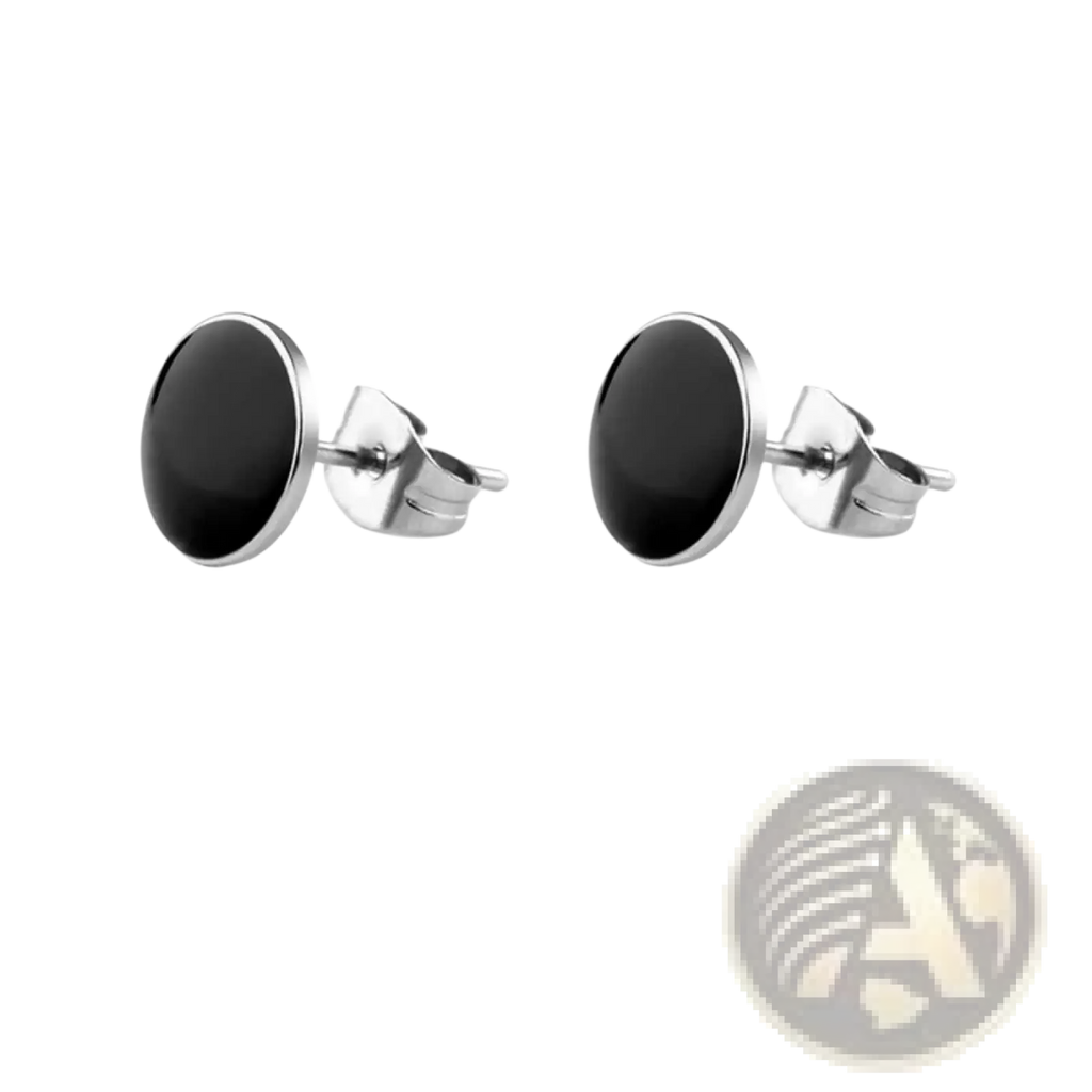 Black onyx oval stud earrings with sleek silver stainless steel frame perfect for elegant wear