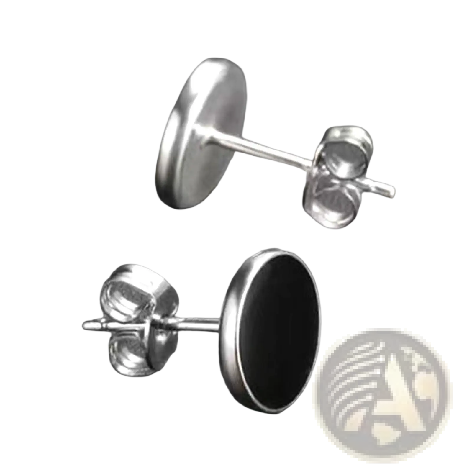 Silver-toned stainless steel earring backs with black circular inserts for black onyx oval stud earrings shown from back