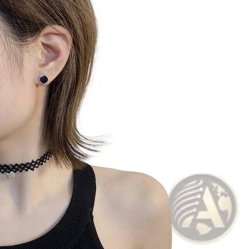 Black onyx oval stud earrings in silver stainless steel with smooth glossy black circular studs