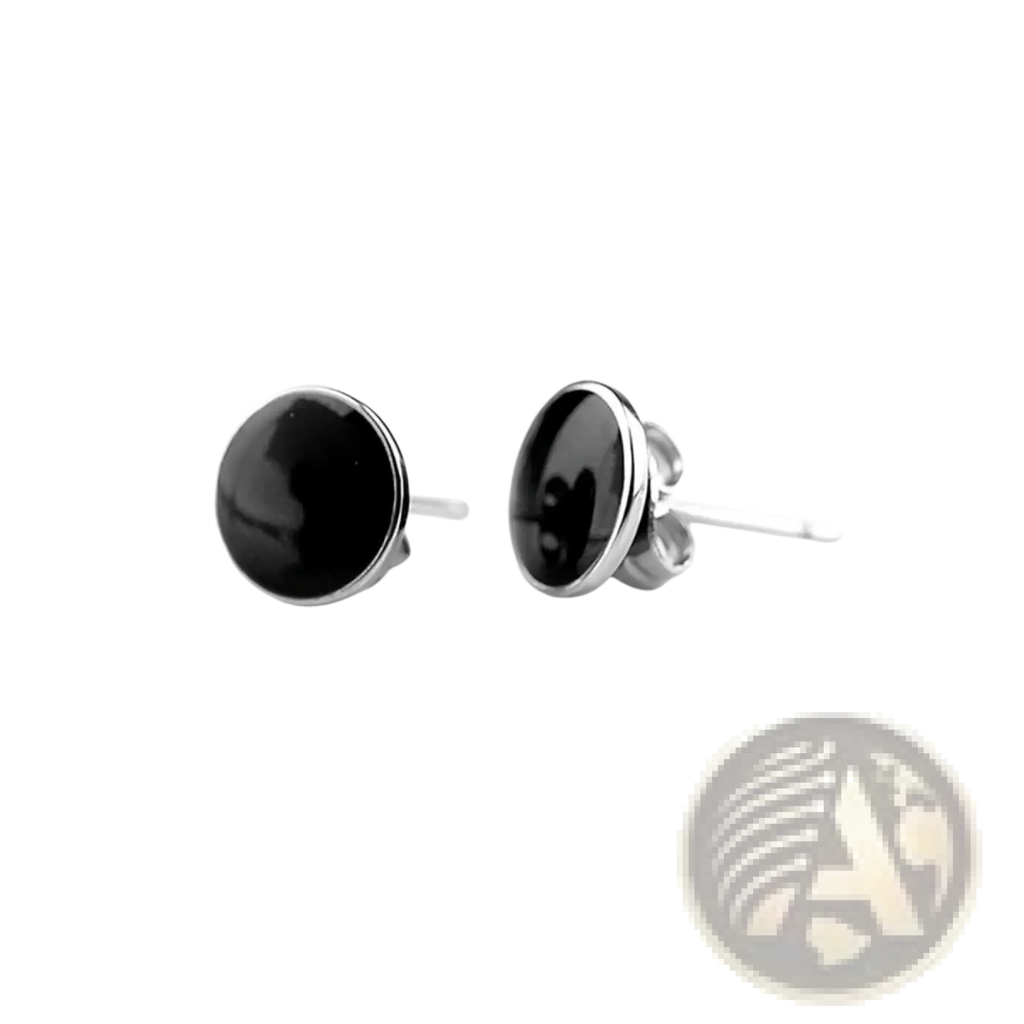 Black onyx oval stud earrings in silver stainless steel with polished black stones and durable metal settings