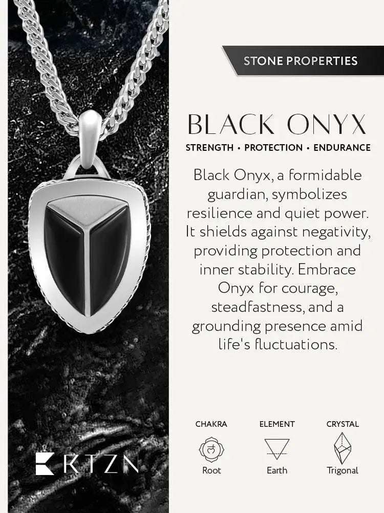 Silver shield-shaped black onyx pendant in 316l stainless steel with sleek metallic finish and elegant triangular design