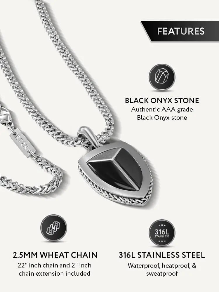 Silver shield pendant with black onyx stone set in durable 316l stainless steel for stylish everyday wear
