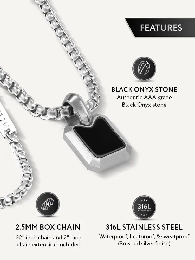 Silver-toned 316l stainless steel black onyx rectangular pendant with matching box chain for men and women