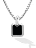 Silver-toned black onyx rectangular pendant necklace in 316l stainless steel with polished metal frame