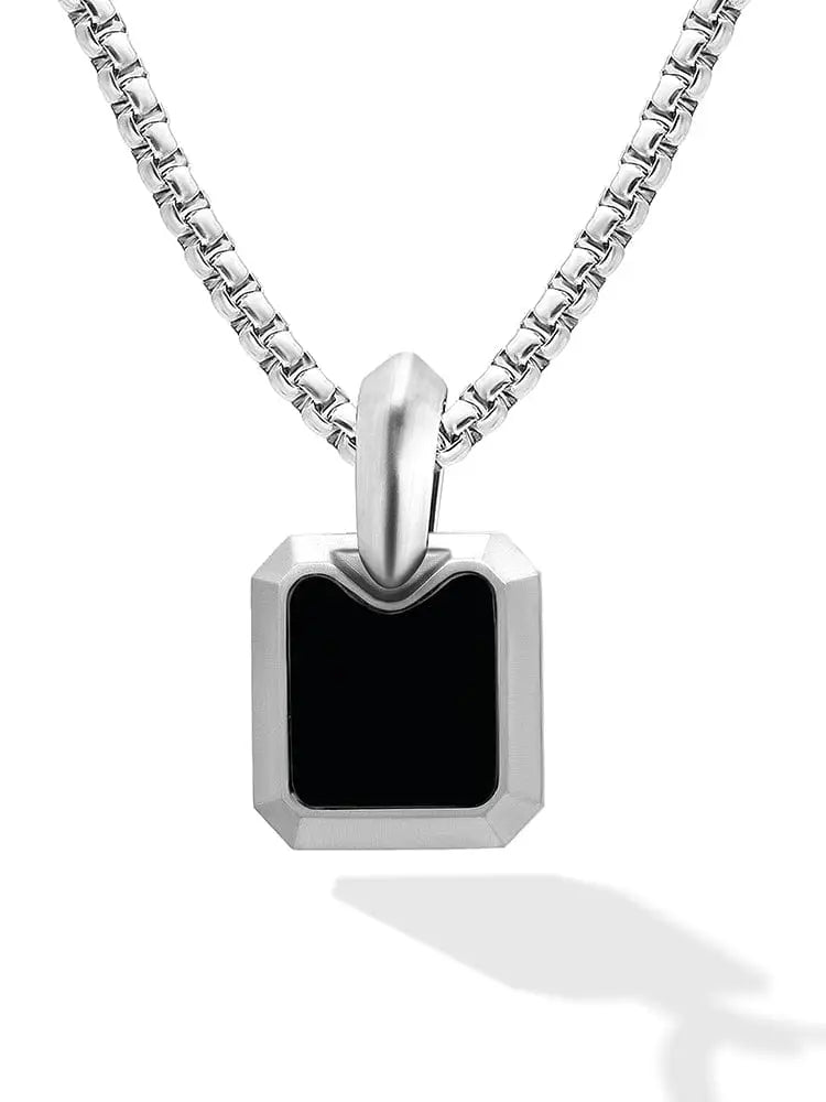 Silver-toned black onyx rectangular pendant necklace in 316l stainless steel with polished metal frame