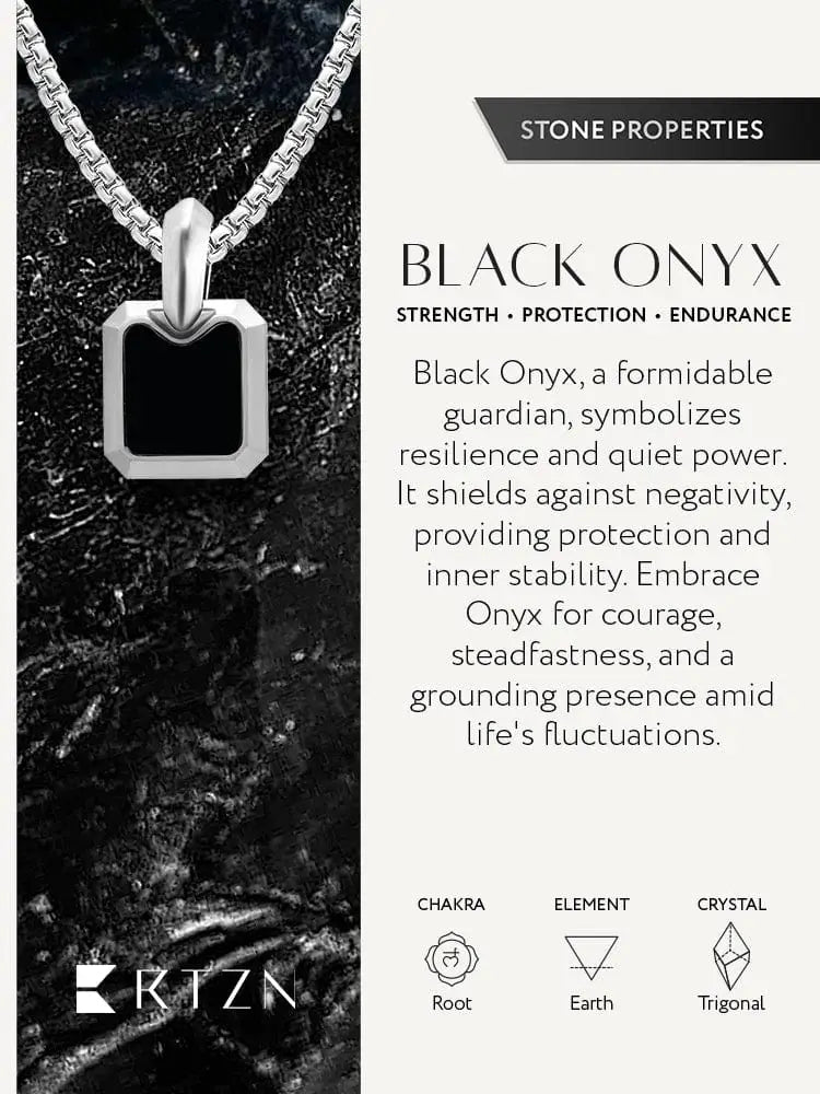Silver rectangular pendant with black onyx stone set in sleek modern design in 316l stainless steel