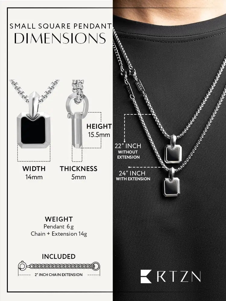 Silver rectangular pendant necklace with black onyx inlay in 316l stainless steel featuring a minimalist design