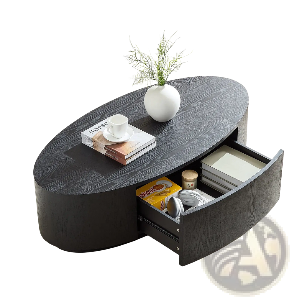 Black oval coffee table with storage wood-grain finish and an open drawer containing various items