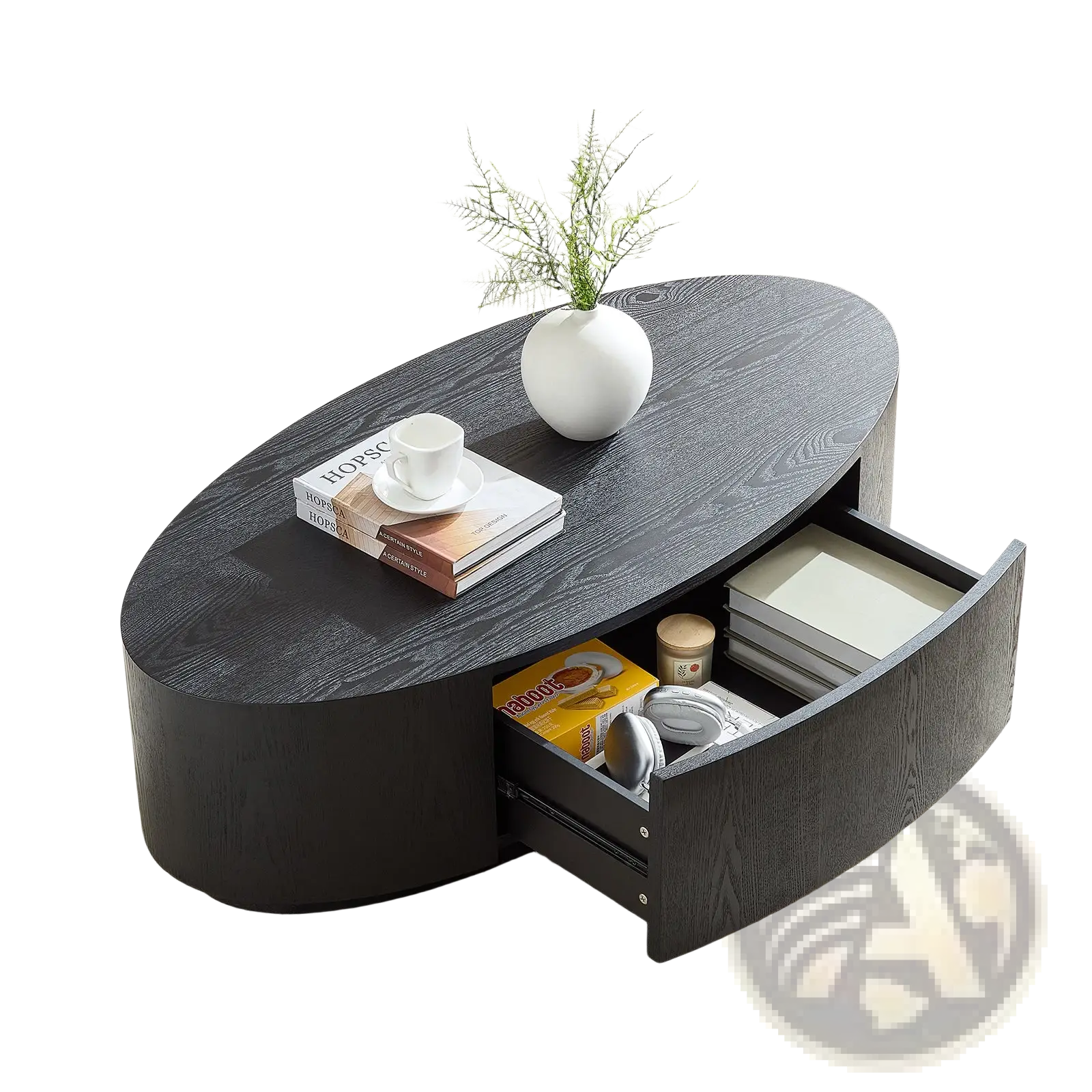 Black oval coffee table with storage wood-grain finish and an open drawer containing various items