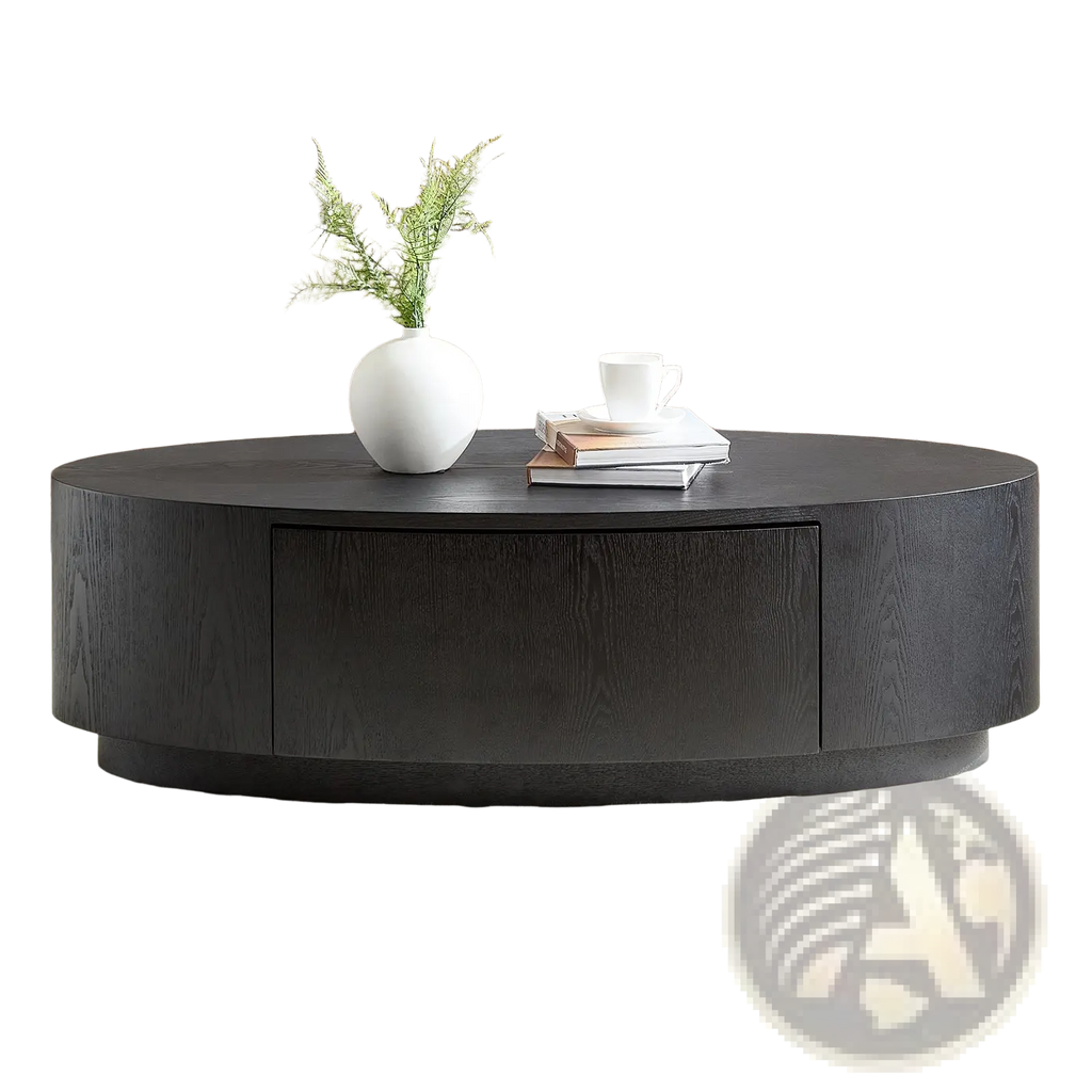 Black oval coffee table with dark wood finish and a single storage drawer no assembly required