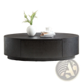 Black oval coffee table with dark wood finish and a single storage drawer no assembly required