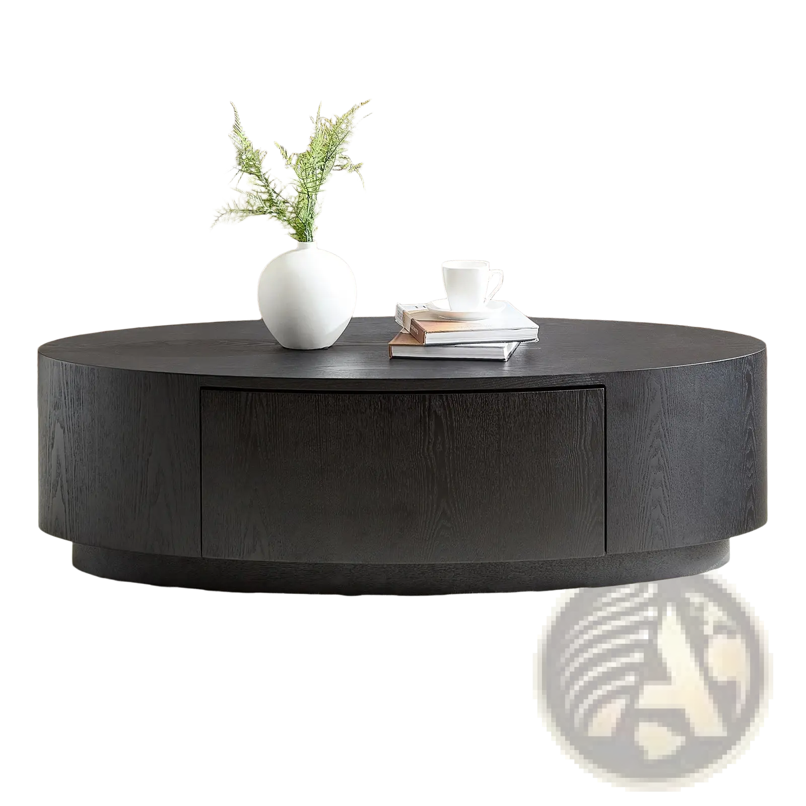 Black oval coffee table with dark wood finish and a single storage drawer no assembly required