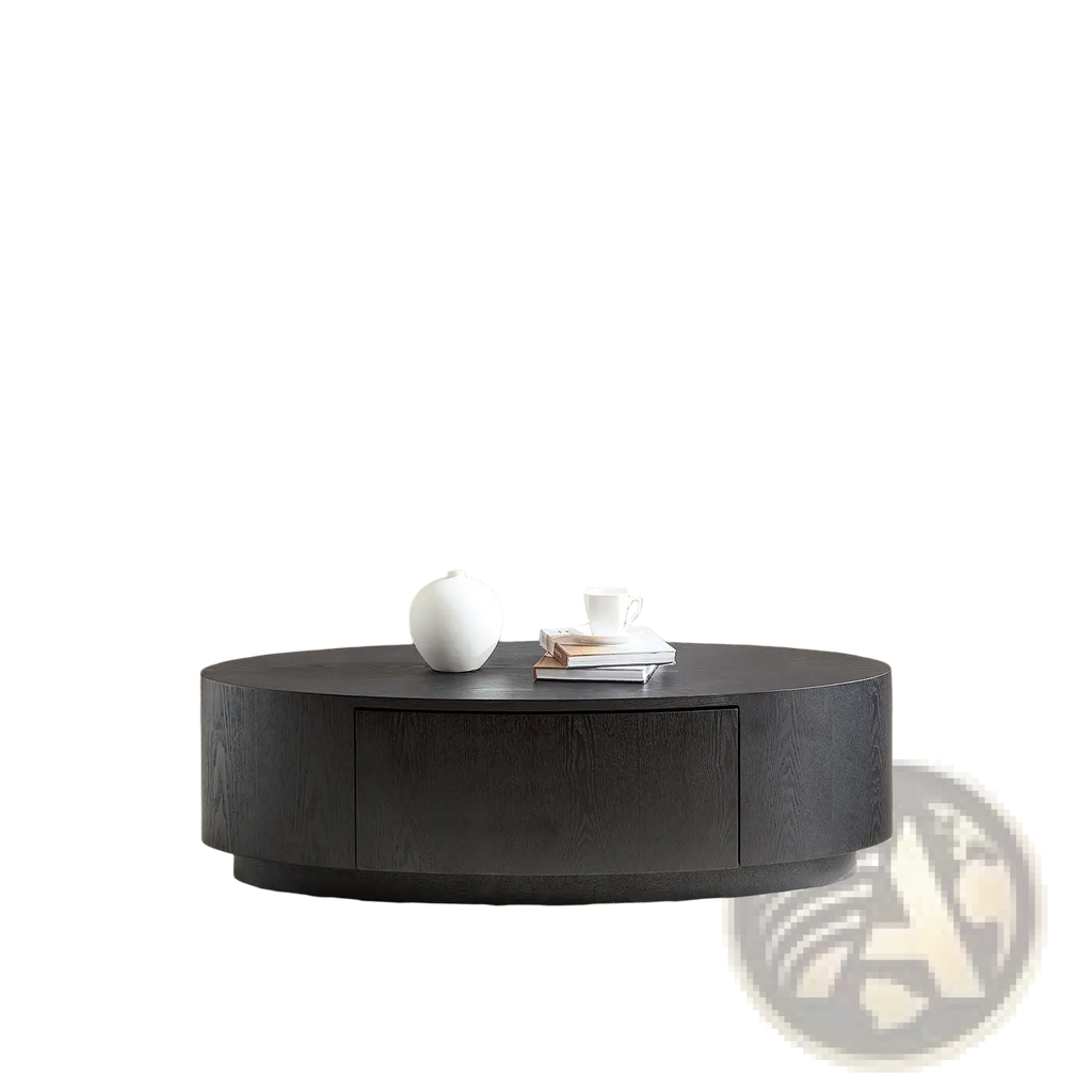 Black oval coffee table with storage drawer in wood-grain finish no assembly required for living room use