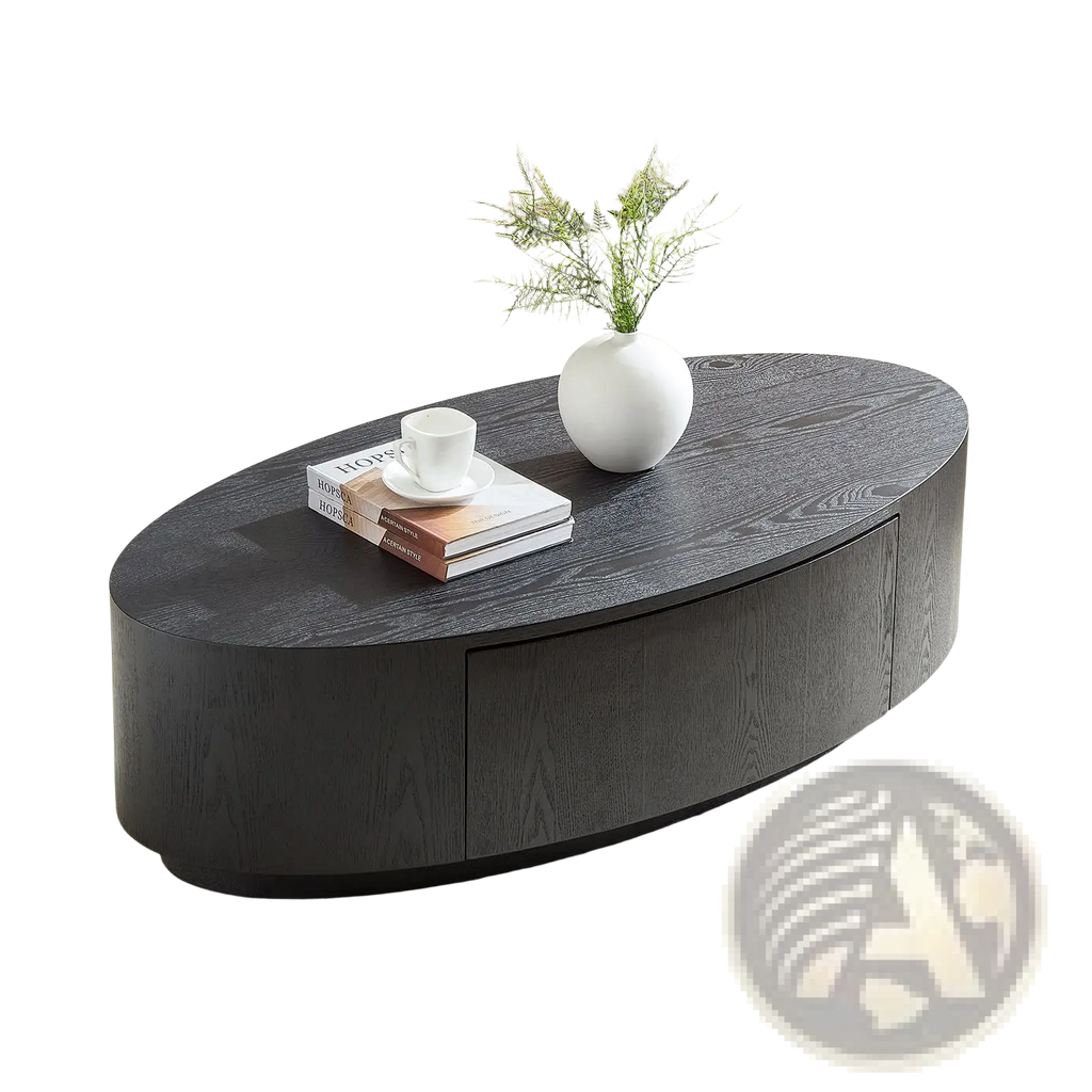 Black oval coffee table with storage wood finish dark gray oval shape wood grain finish and a single drawer
