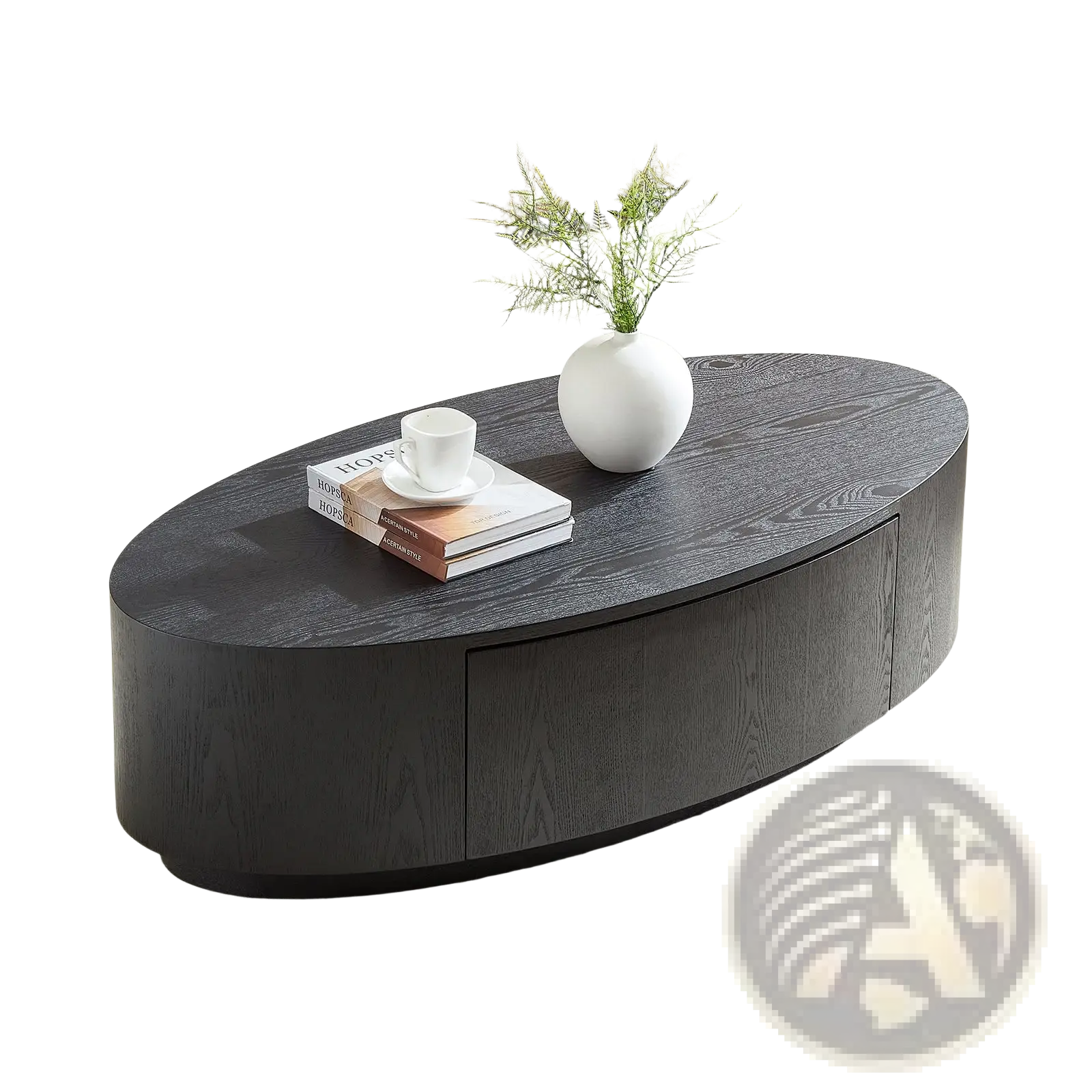 Black oval coffee table with storage wood finish dark gray oval shape wood grain finish and a single drawer