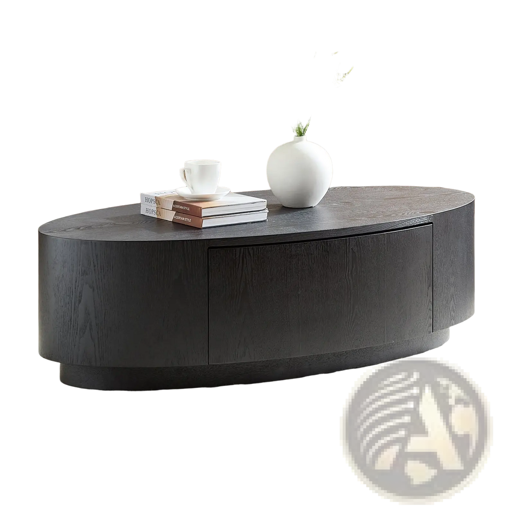 Black oval coffee table with dark wood finish and single drawer for storage no assembly required