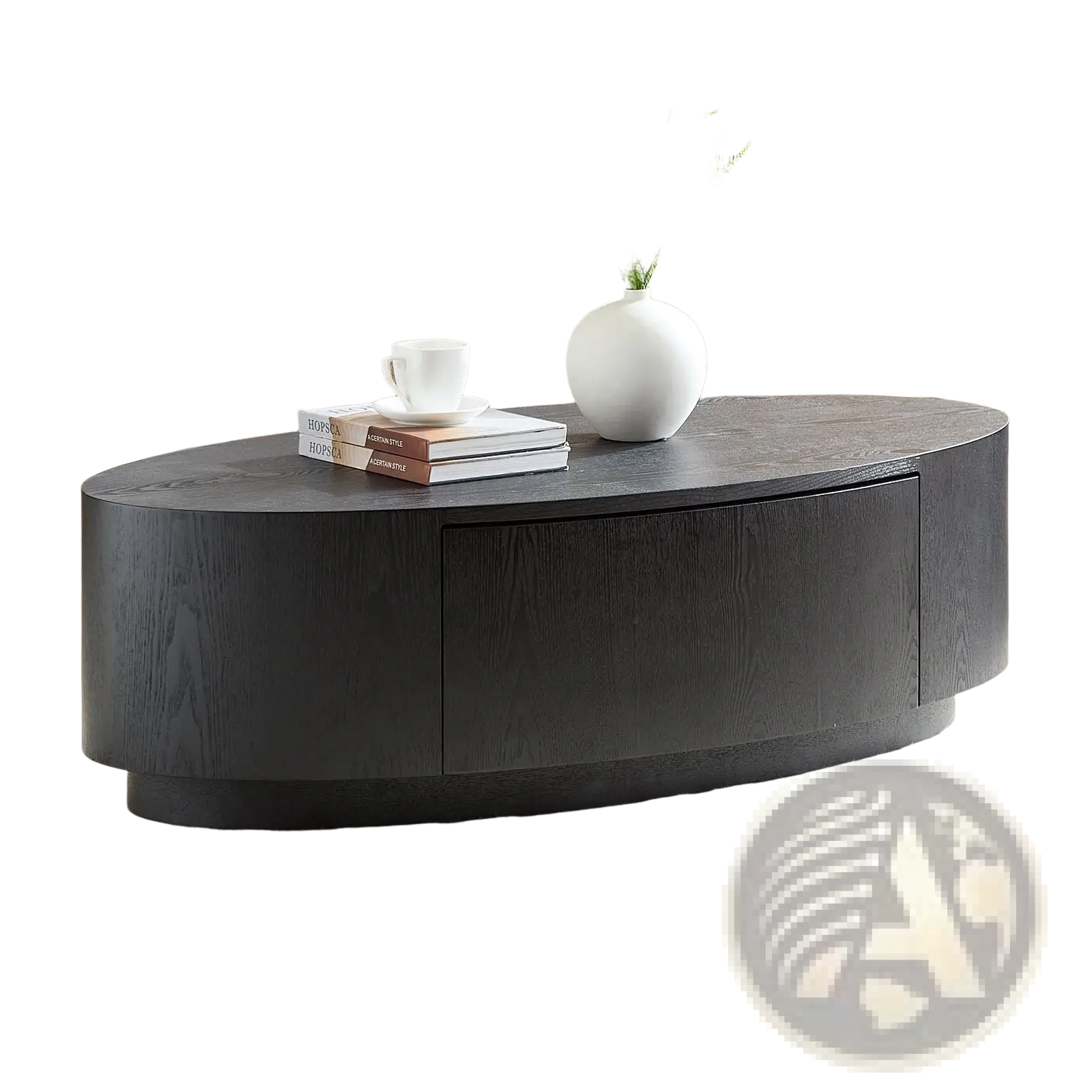 Black oval coffee table with dark wood finish and single drawer for storage no assembly required