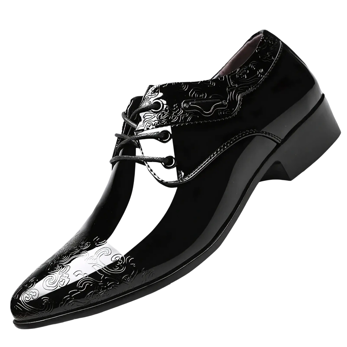 Black patent leather brogue oxford shoes with glossy finish and silver-toned embossed cloud patterns on toe and vamp