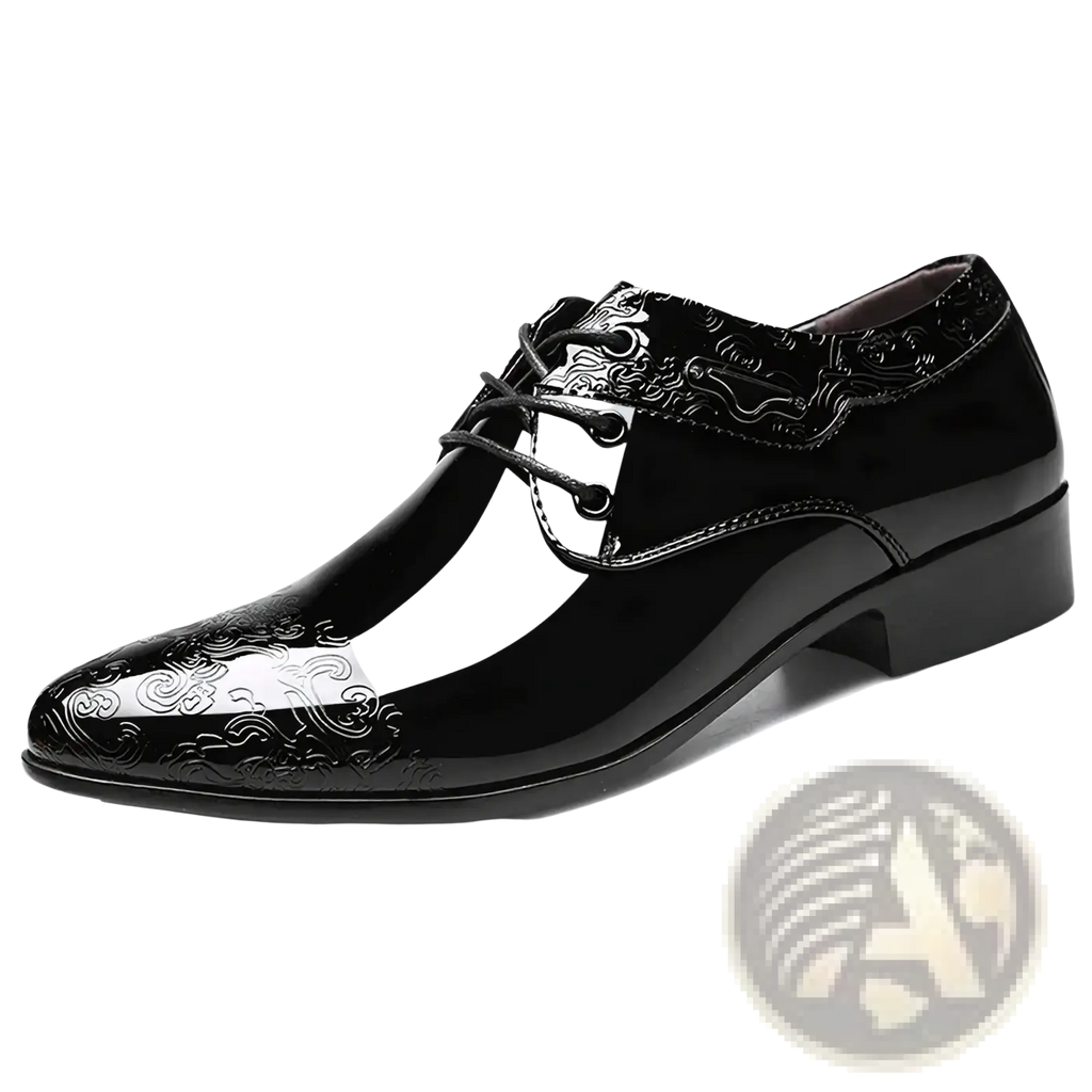 Black patent leather brogue oxford shoe with glossy finish and embossed cloud patterns on toe cap vamp and collar