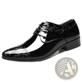 Black patent leather brogue oxford shoe with glossy finish and embossed cloud patterns on toe cap vamp and collar