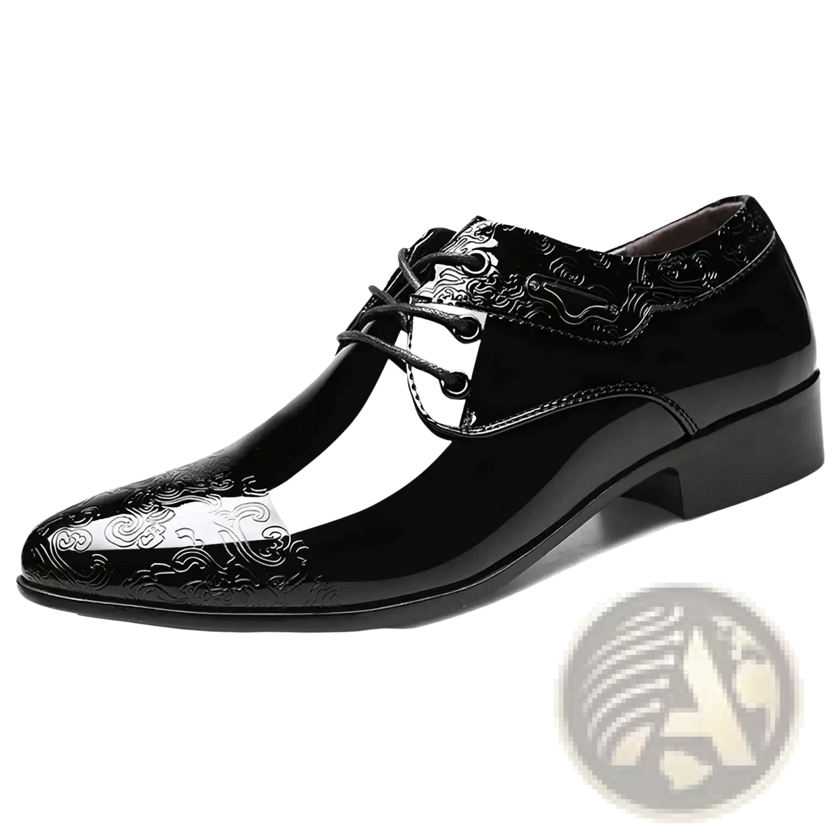 Black patent leather brogue oxford shoe with glossy finish and embossed cloud patterns on toe cap vamp and collar