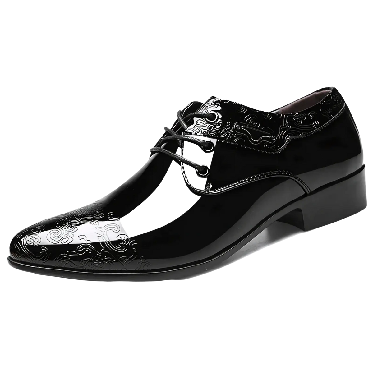 Black patent leather brogue oxford shoe with glossy finish and embossed cloud patterns on toe cap vamp and collar