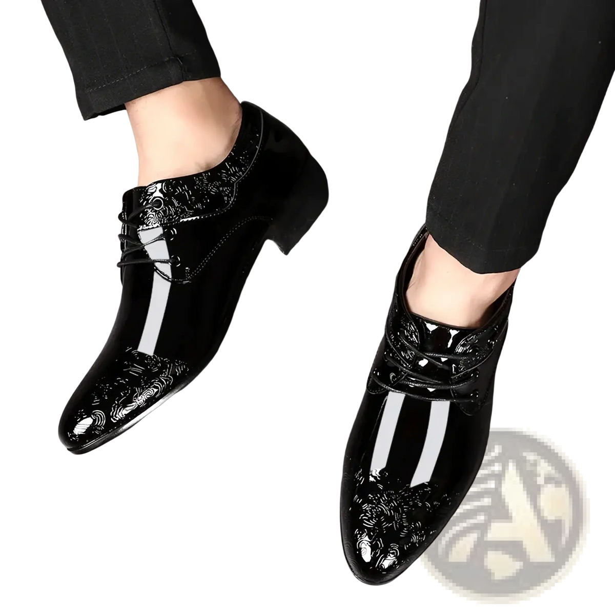 Black patent leather brogue oxford shoes with glossy finish and intricate white floral embroidery on the toe cap
