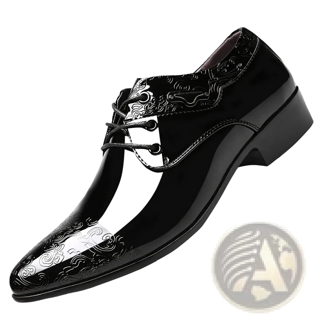 Black patent leather brogue oxford shoes with glossy finish and silver-toned embossed cloud patterns on toe and vamp