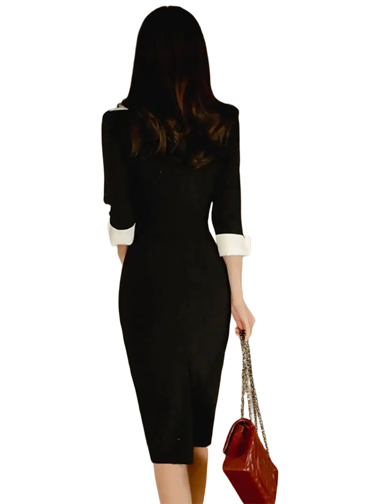 Black pencil midi dress office lady with white cuffs and three-quarter sleeves in elegant fabric for professional wear