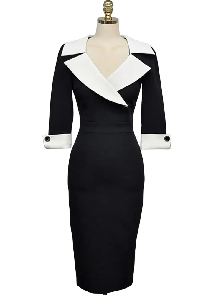 Black and white tailored pencil midi dress featuring a bold collar and three-quarter sleeves for office wear
