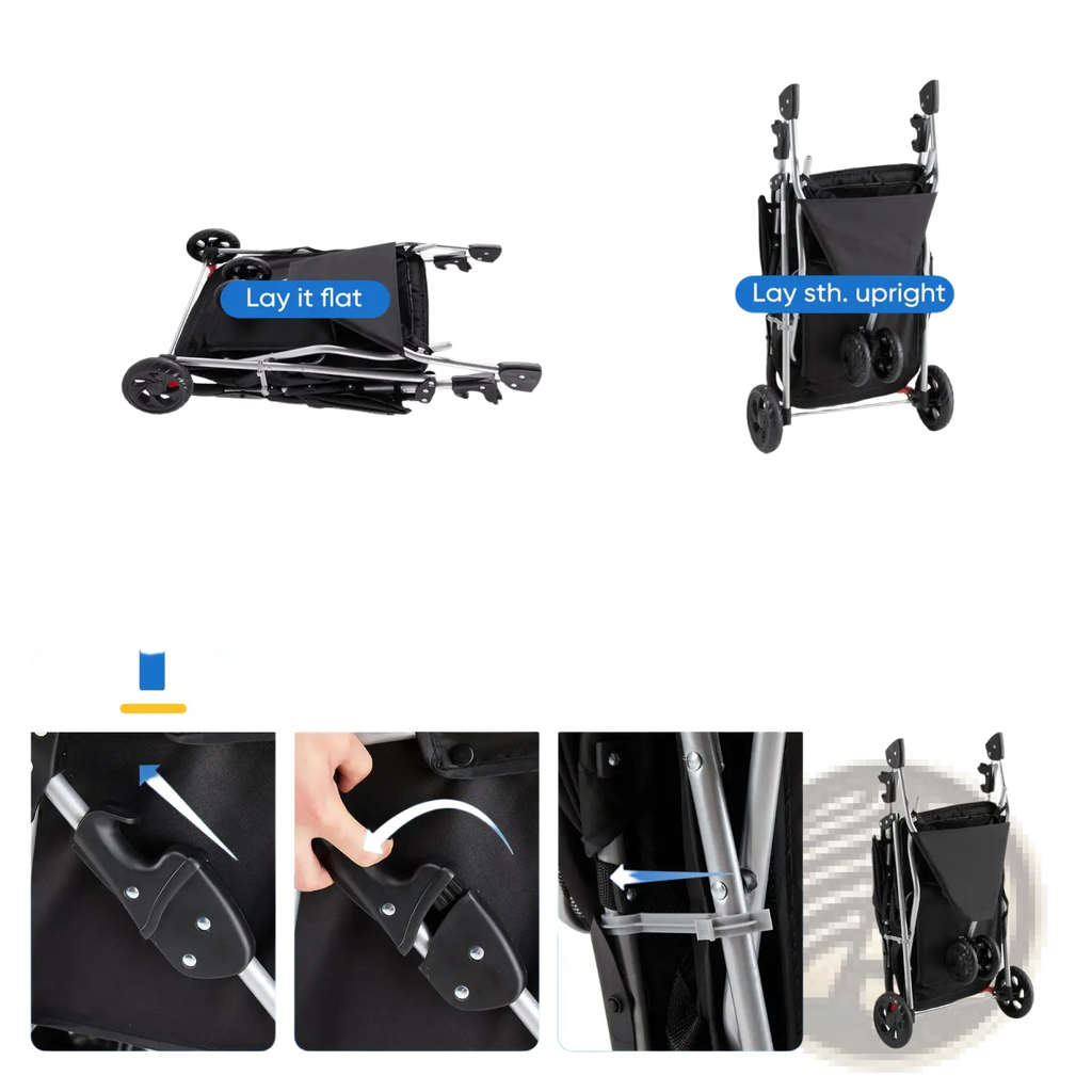 Black pet stroller with black fabric, silver metal frame, swivel wheels, and cushion for comfortable pet transport